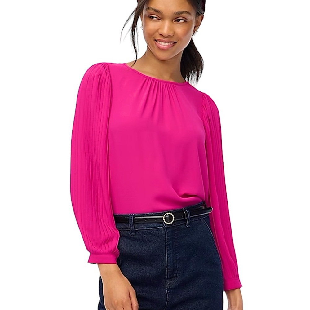 J. Crew Pleated-Sleeve Bright Magenta Top BV630 size XL